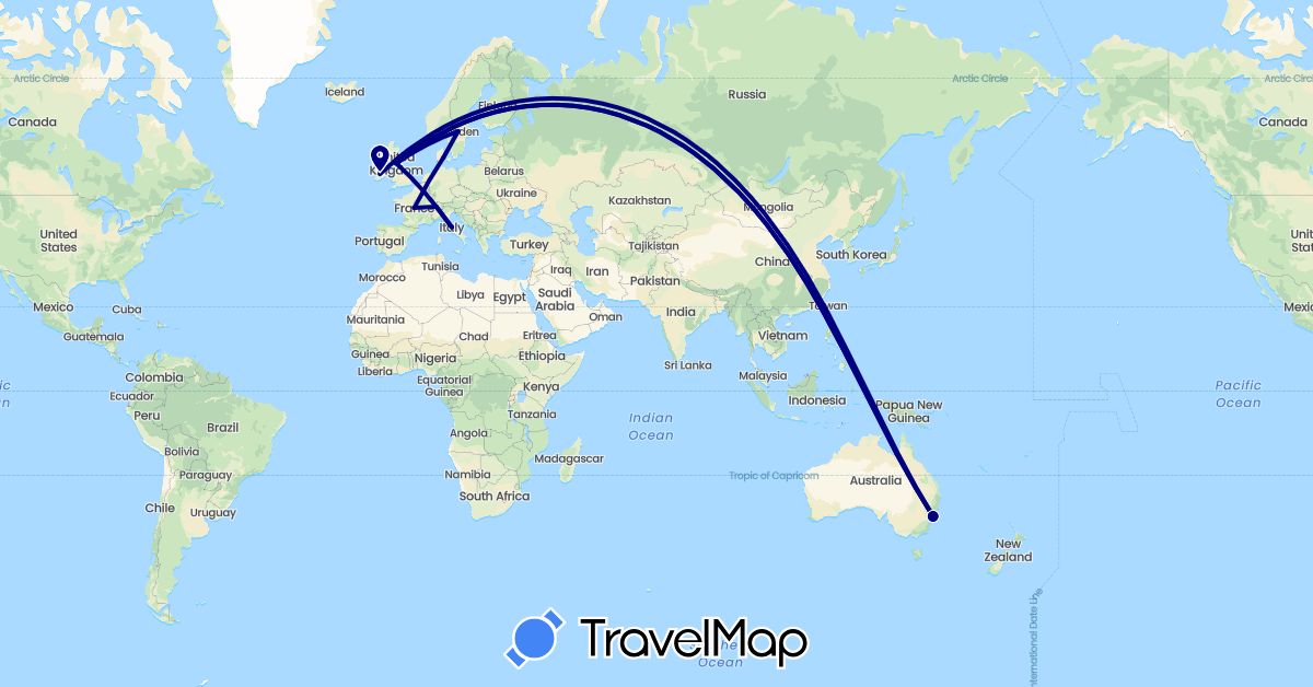 TravelMap itinerary: driving in Australia, Denmark, United Kingdom, Ireland, Italy, Sweden (Europe, Oceania)